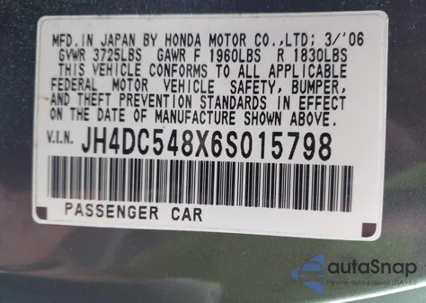 2006 Acura Rsx из США, поврежденный, VIN JH4DC548X6S015798